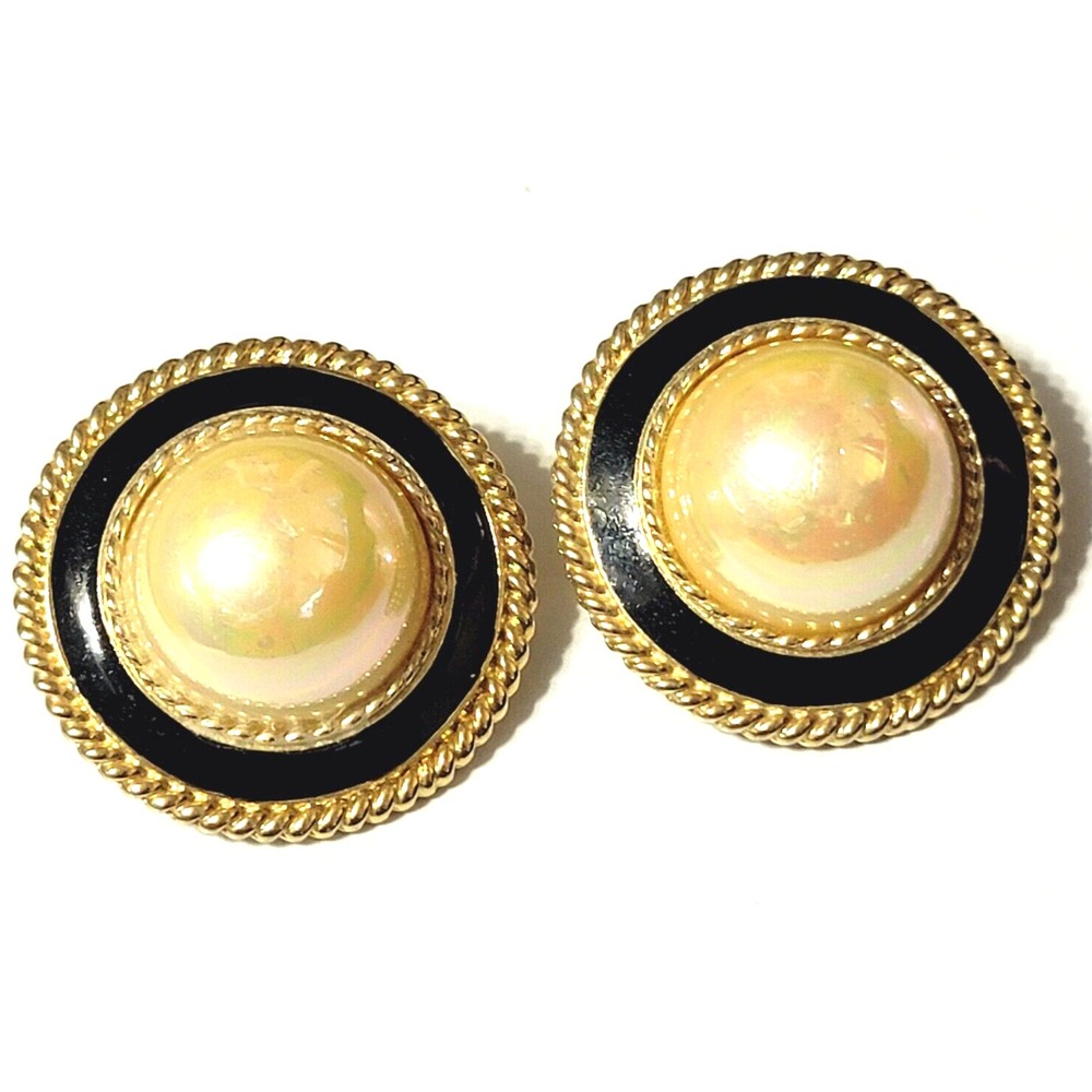 Vintage Large Round Retro Faux Pearl & Black Enamel Pierced Earrings, Textured